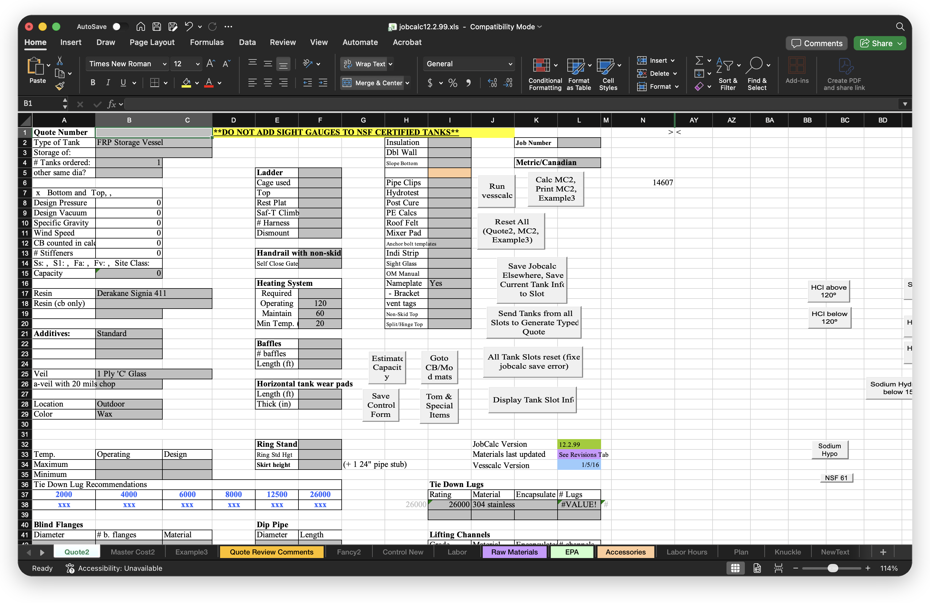 The old Excel version of JobCalc, the macro-driven quoting workbook used before the redesign