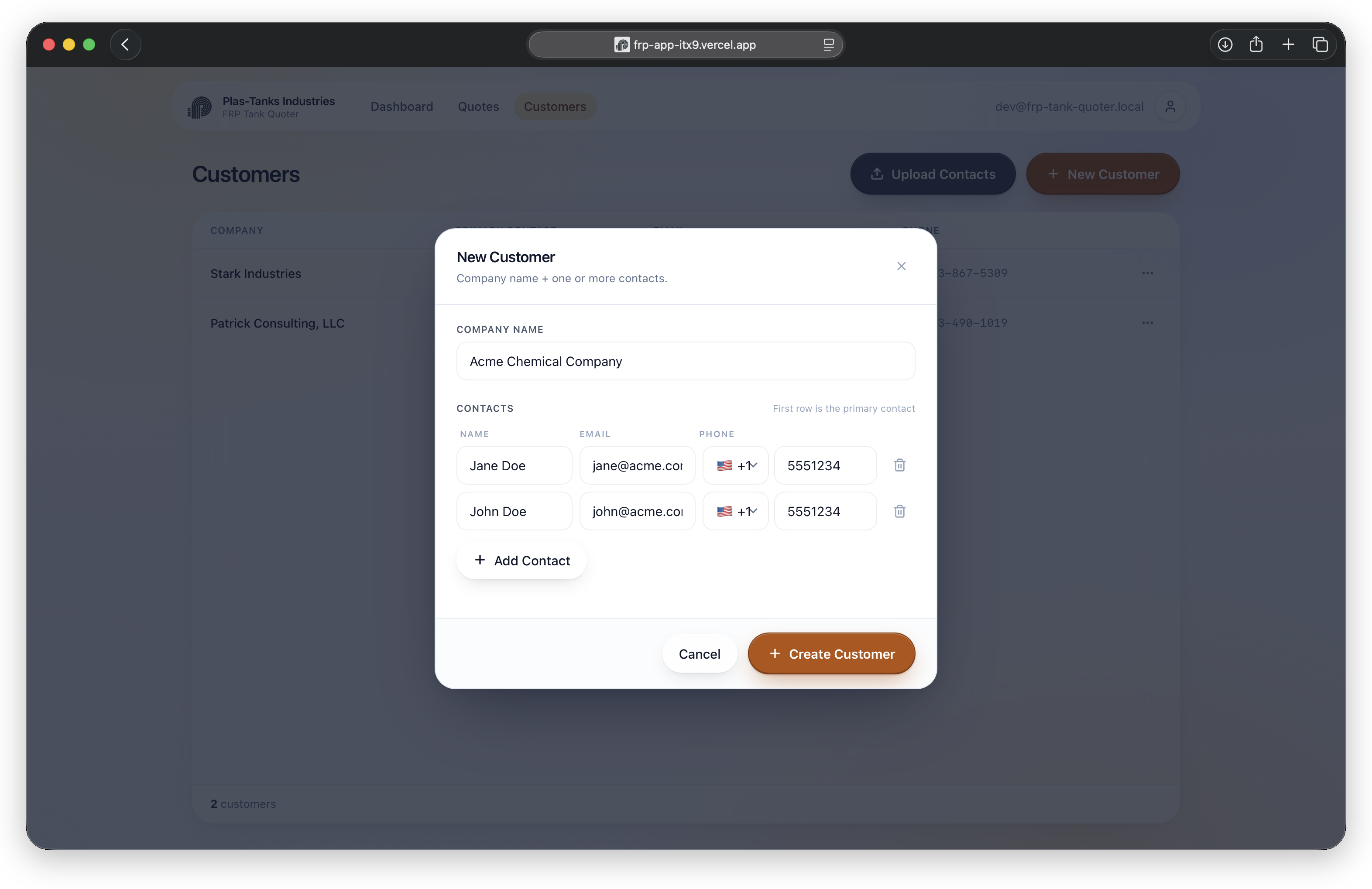 New Customer modal: company name plus one or more contacts, with the first row set as primary