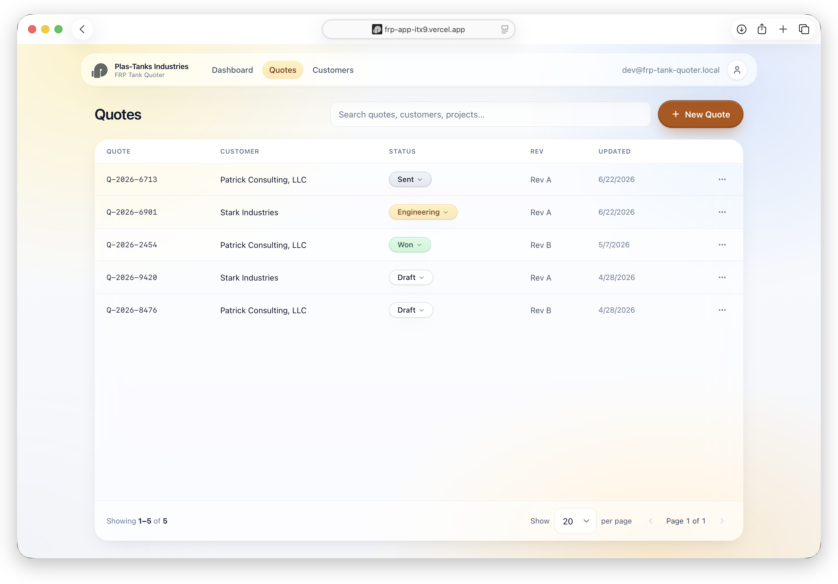 FRP Tank Quoter Quotes dashboard, listing quotes by customer with status and revision