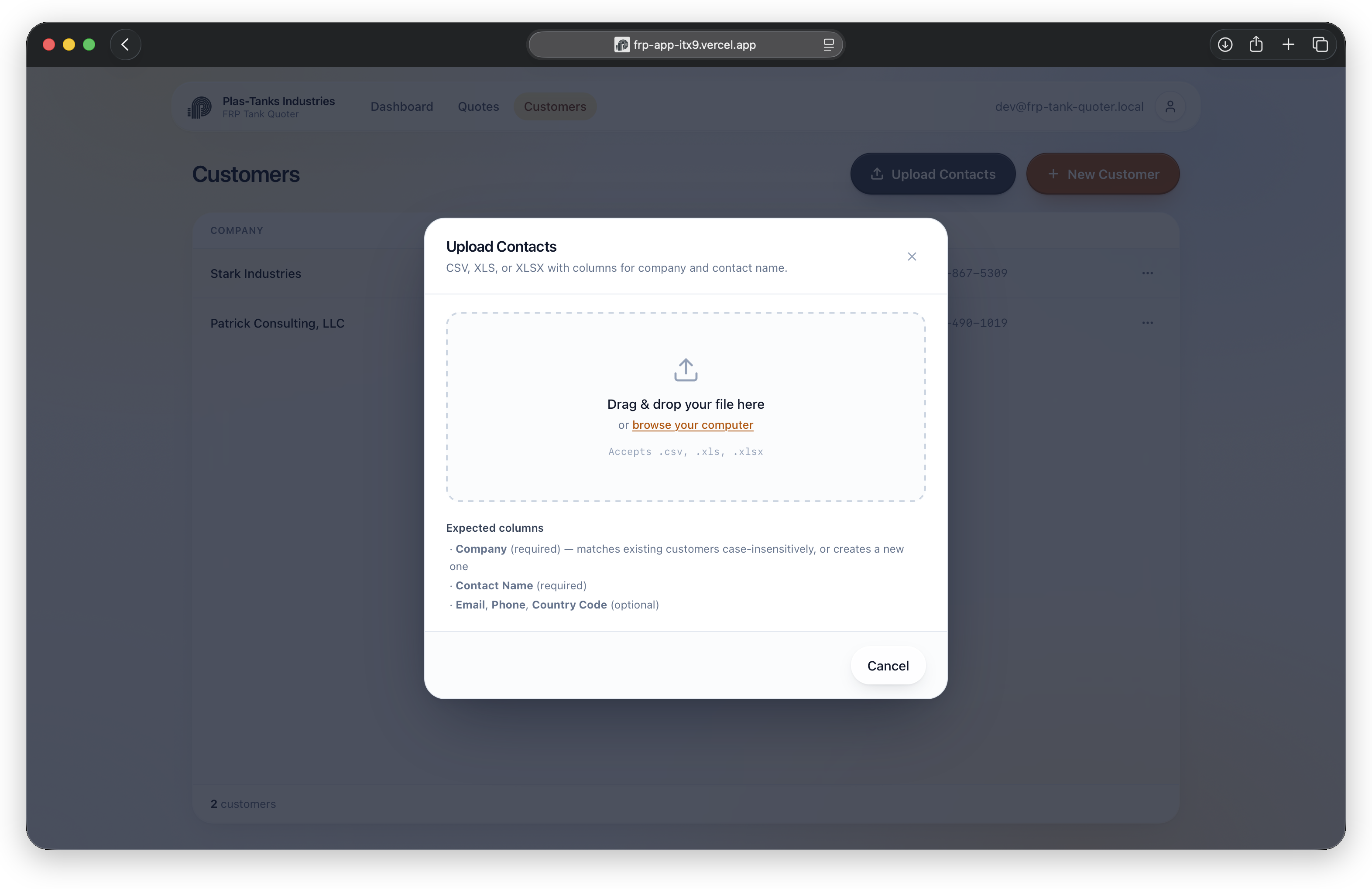 Upload Contacts modal: bulk-import customers and contacts from a CSV, XLS, or XLSX file