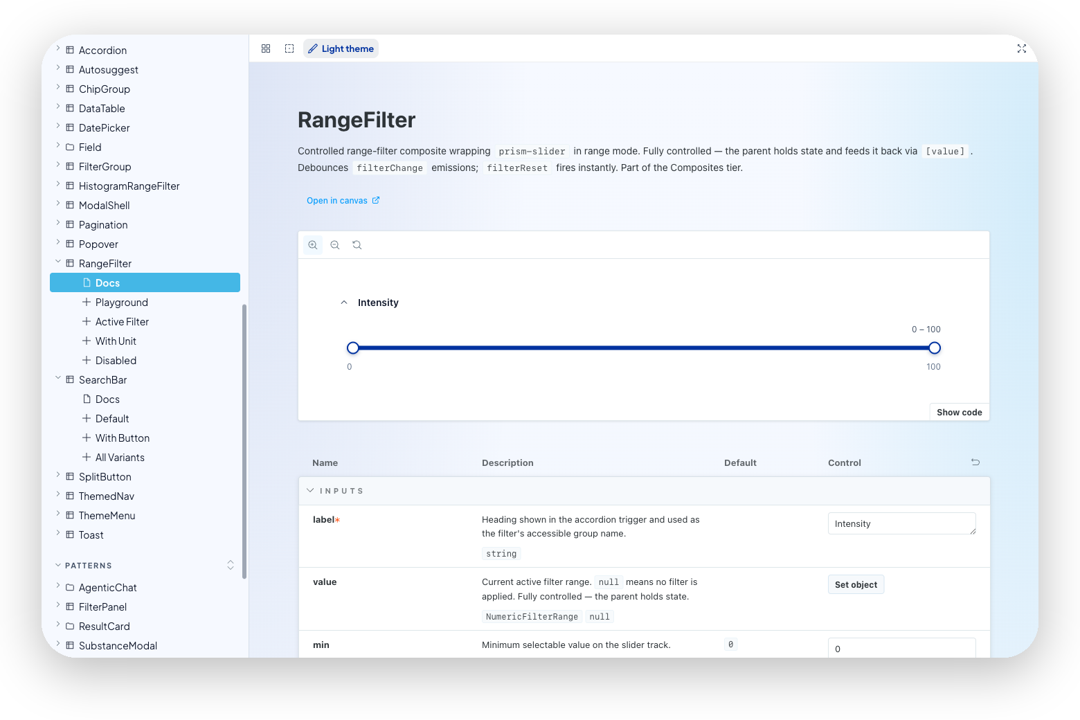 Storybook component docs showing props table and live preview