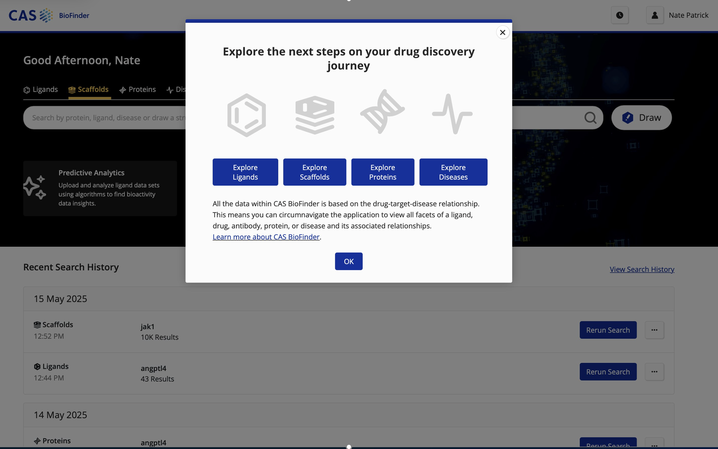 BioFinder onboarding popover with options to explore ligands, scaffolds, proteins, and diseases